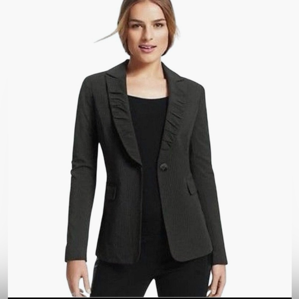 CAbi Pinstripe Black Fitted Blazer Jacket with Ruched Collar Size 6